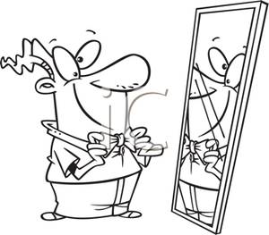 Black And White Cartoon Of A Man Adjusting His Bowtie In The Mirror    