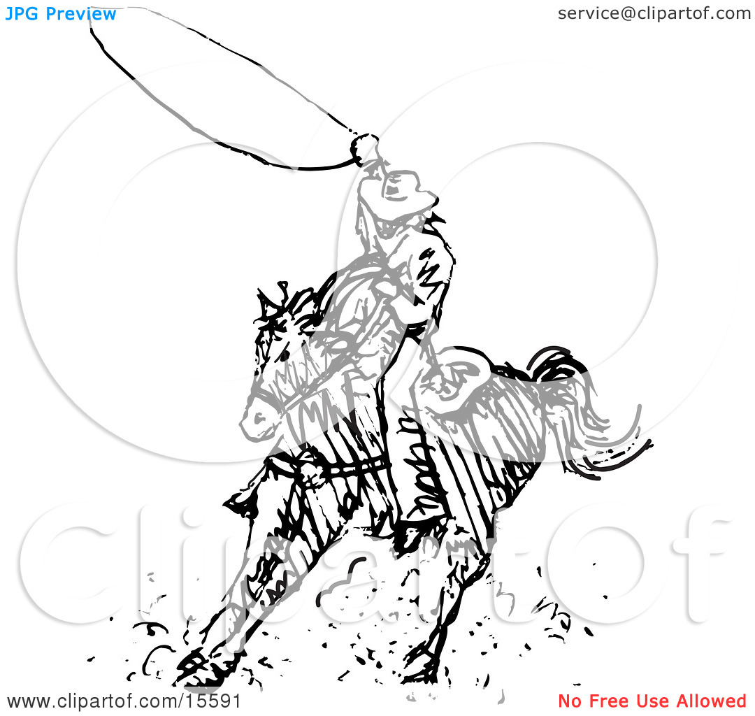 Black And White Outline Of A Cowboy Swirling A Lasso While Riding On