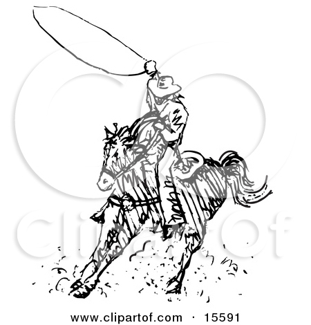 Black And White Outline Of A Cowboy Swirling A Lasso While Riding On