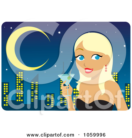 Blond Woman Holding A Martini Against A City Skyline By Rosie Piter
