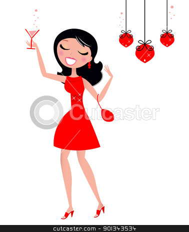Clipart Cute Woman Holding Glass Of Martini Or Cocktail  Vector Retro