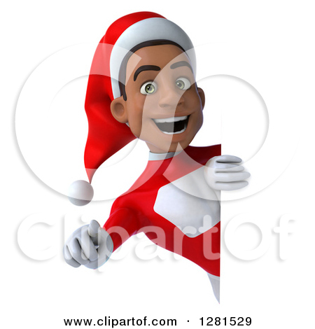 Clipart Of A 3d Young Black Male Christmas Super Hero Santa Pointing    