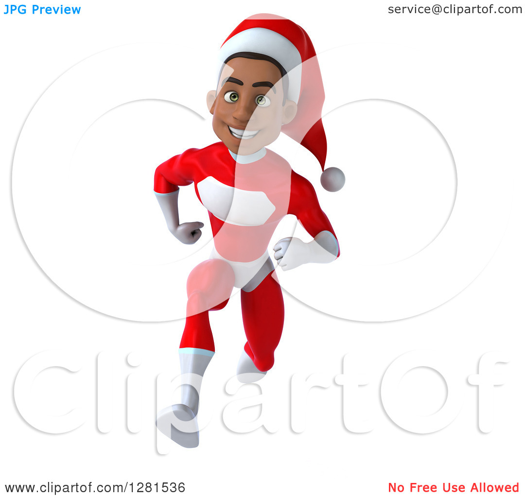 Clipart Of A 3d Young Black Male Christmas Super Hero Santa Running