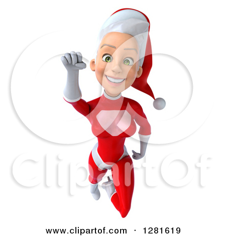 Clipart Of A 3d Young White Female Christmas Super Hero Santa Flying    