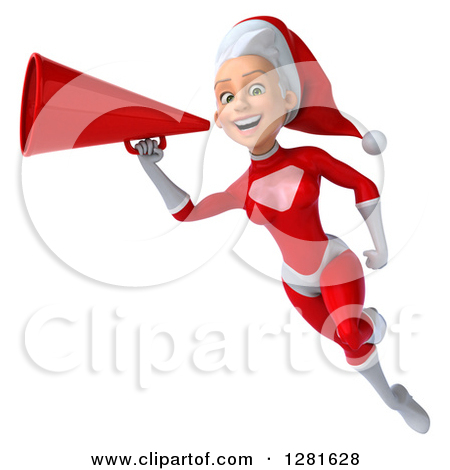 Clipart Of A 3d Young White Female Christmas Super Hero Santa Flying