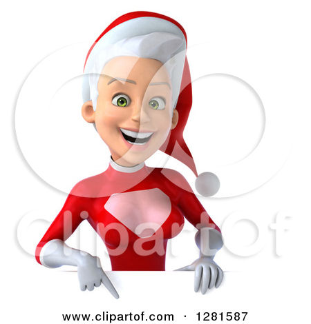 Clipart Of A 3d Young White Female Christmas Super Hero Santa Pointing