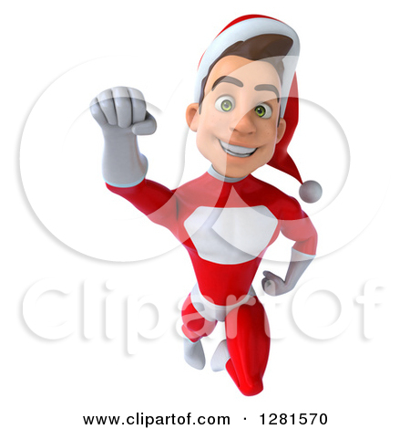 Clipart Of A 3d Young White Male Christmas Super Hero Santa Flying    
