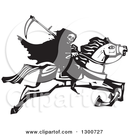 Clipart Of A Black And White Woodcut Grim Reaper Riding Horseback    