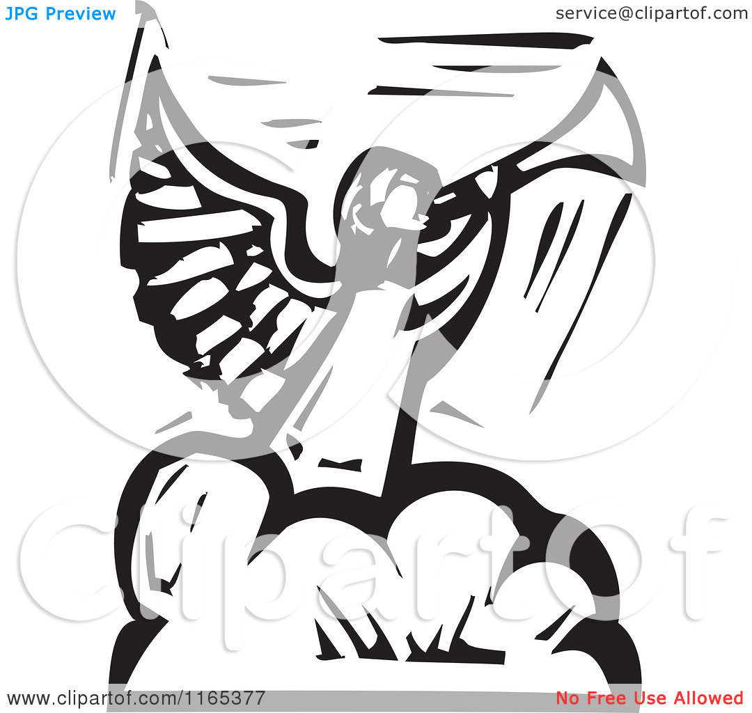 Clipart Of An Angel Blowing A Trumpet On A Cloud Black And White    