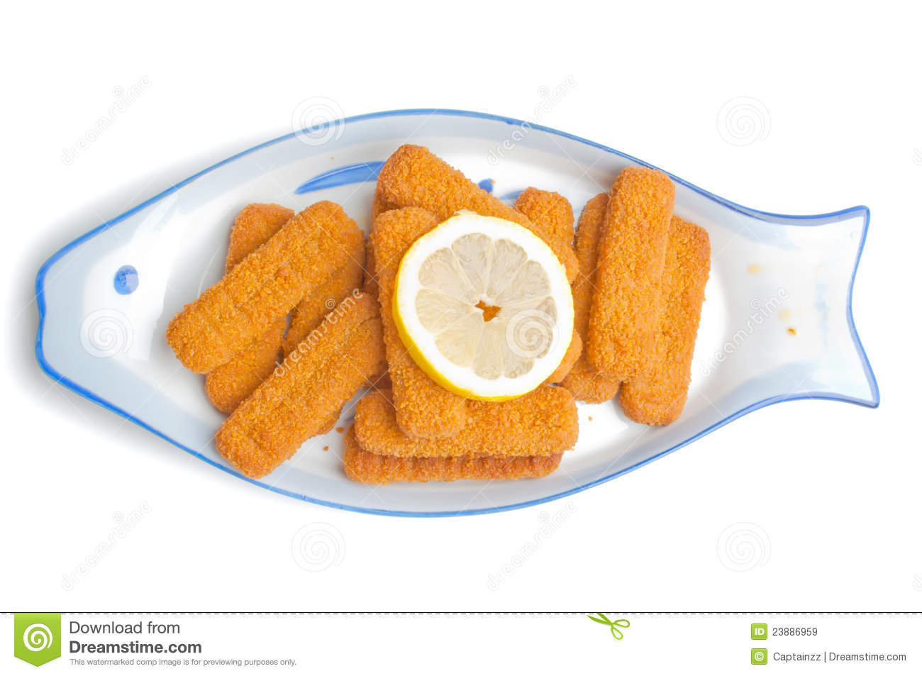 Fried Fish Sticks On The Fish Shape Plate Isolated On White 