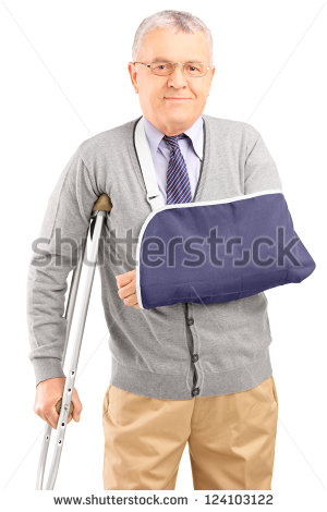 Injured Mature Man With Broken Arm Walking With Crutches Isolated On
