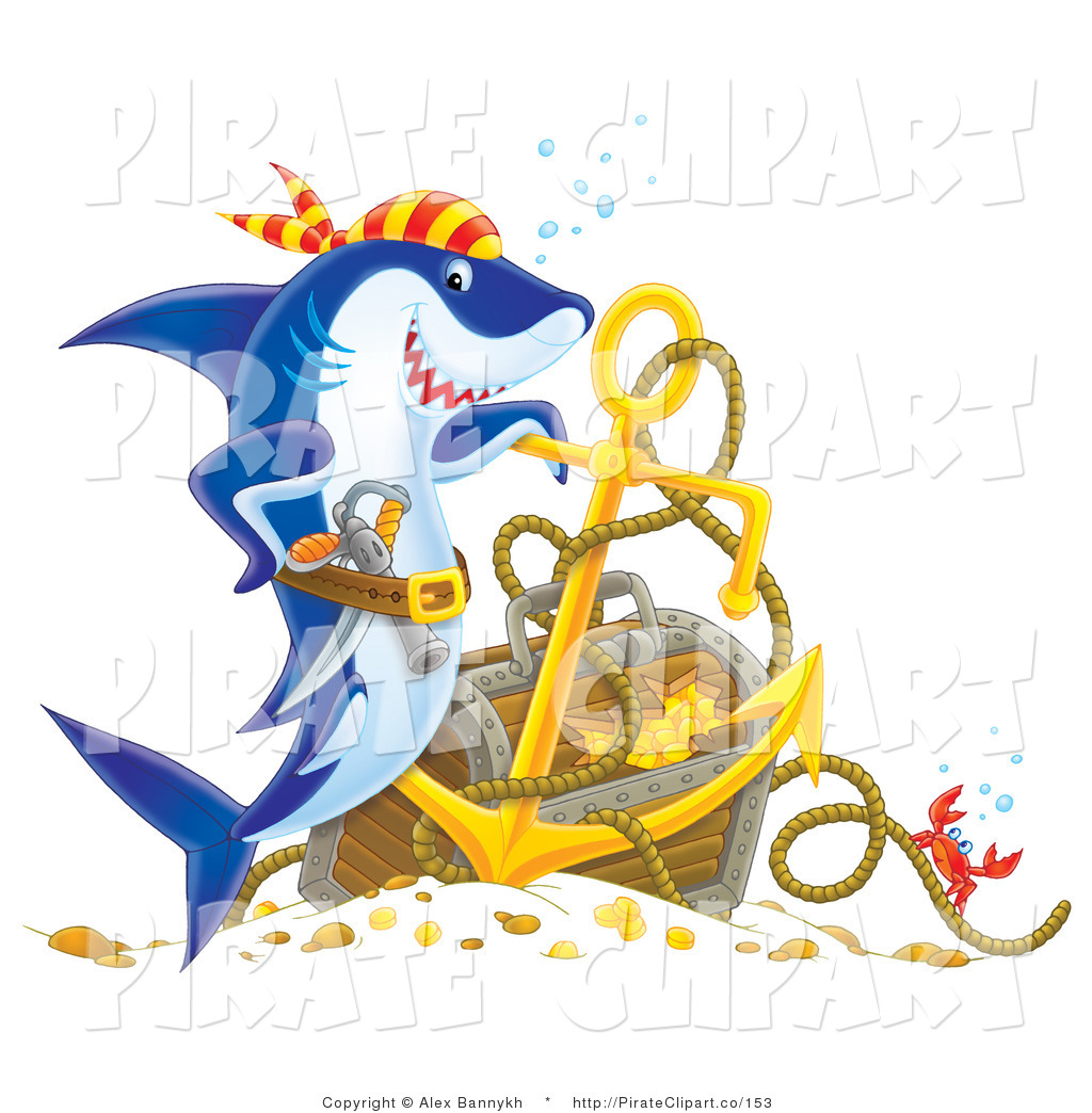 Of A Proud Pirate Shark Leaning Against An Anchor By Sunken Treasure