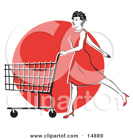 Red Dress And High Heels Walking And Pushing A Shopping Cart In Front