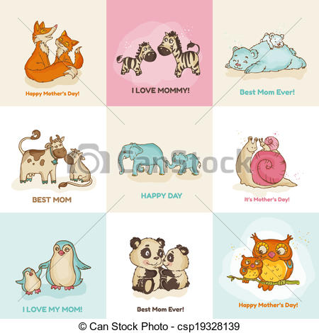 Vectors Of Happy Mothers Day Cards   With Cute Animals   In Vector