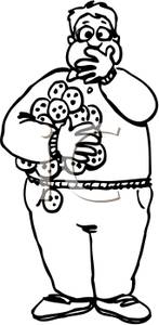 Black And White Obese Man Eating Cookies   Royalty Free Clipart