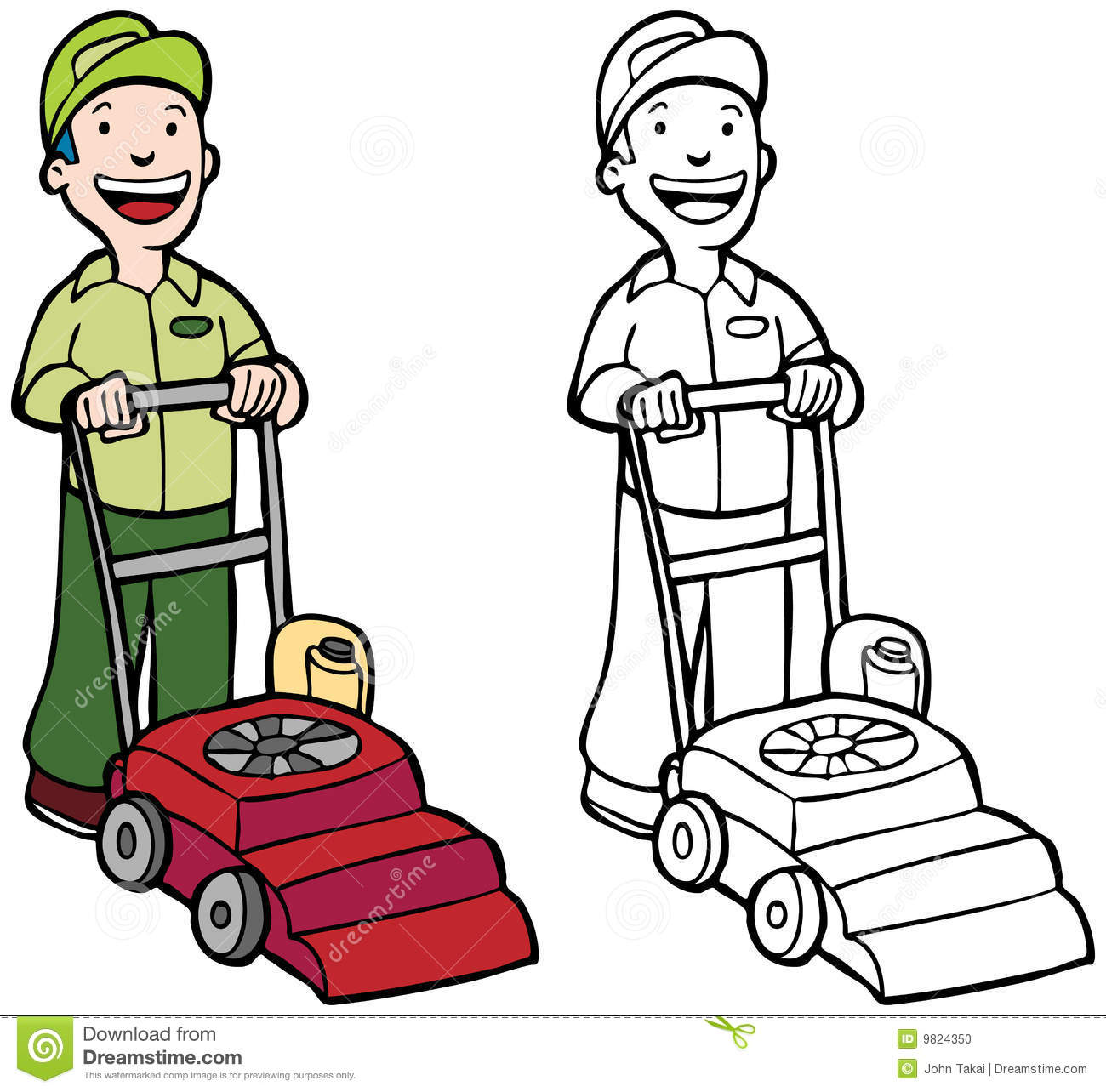 Cartoon Image Of Man Mowing Lawn   Color And Black White Versions