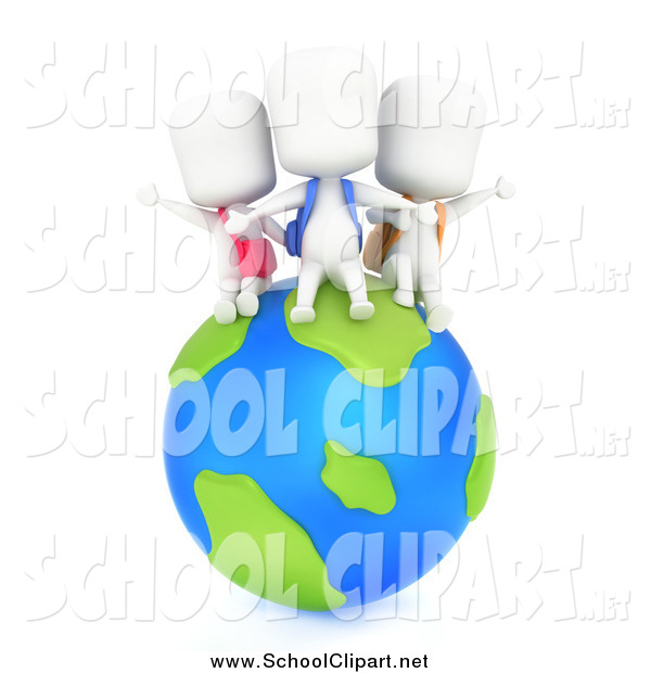 Clip Art Of A 3d Cheering White School Kids On A Globe