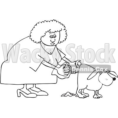 Clipart Outlined Woman Holding A Bag And Picking Up Dog Poop   Royalty