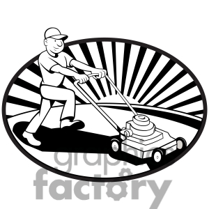 Royalty Free Black And White Mower Mowing Lawn Side Clipart Image