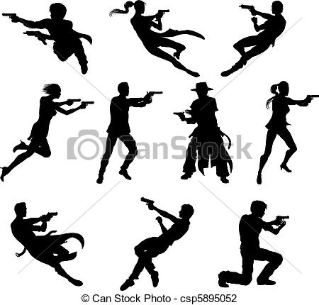 Silhouettes Of Movie Action Sequence Shootout Men And Women In Dynamic    