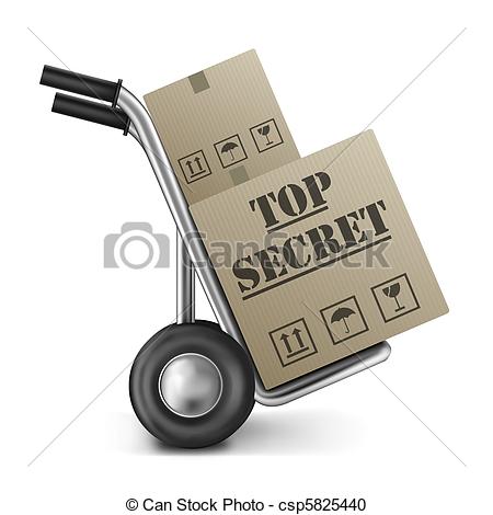 Top Secret Carrdboard Box On Hand Truck Isolated On White Classified