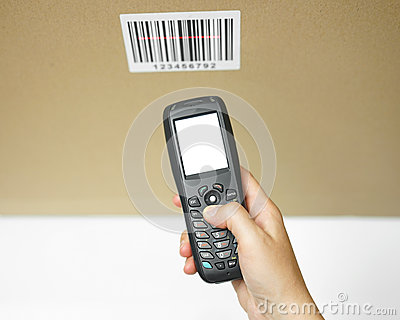 Top View Of Woman Hand Holding Bar Code Scanner With Empty Screen And