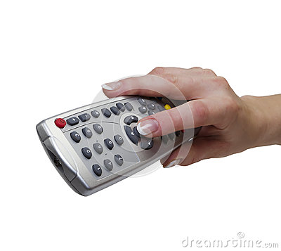 Woman S Hand With A Remote Control From The Set Top Box Isolated On