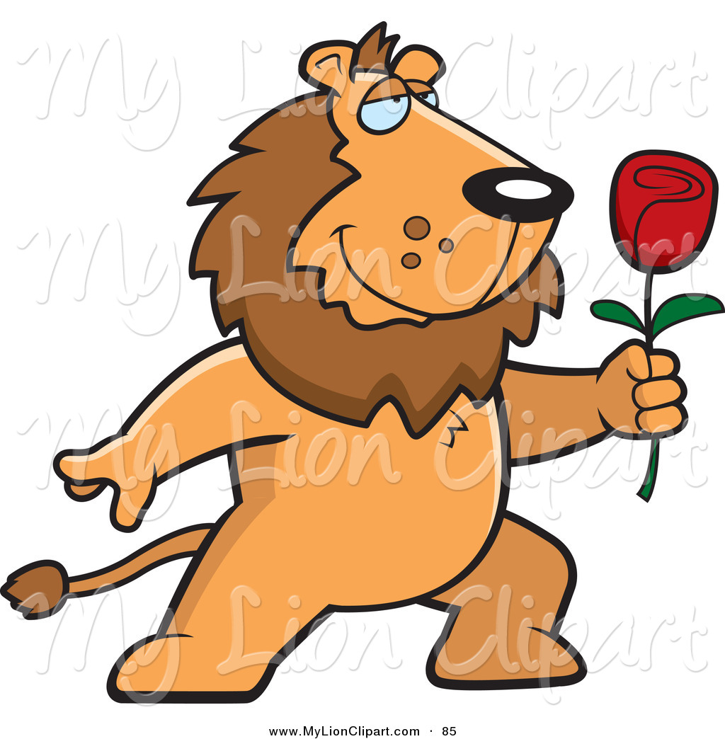 Clipart Of A Cute And Romantic Lion Presenting A Red Rose By Cory