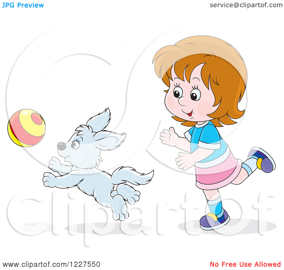 Clipart Of A Girl And Puppy Dog Playing With A Ball   Royalty Free