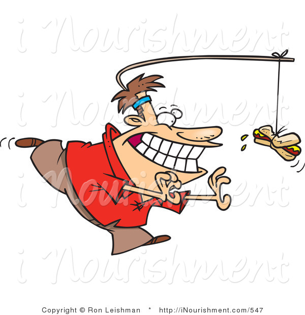 Clipart Of A Hungry Man Chasing A Hotdog On A Stick Attached To His