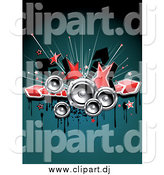Clipart Of A Red Stars Music Speakers Arrows And Grunge Over Teal    