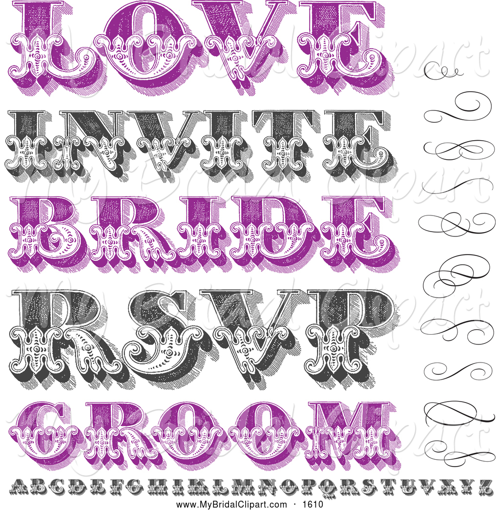     Clipart Of Retro Purple And Black And White Swirls Letters And Wedding