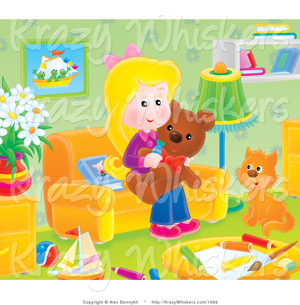 Critter Clipart Of A Cat And Girl With A Teddy Bear In A Toy Room