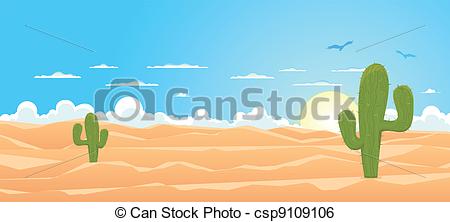 Desert Landscape With Cactus Sand Dunes And Vultures Flying In The