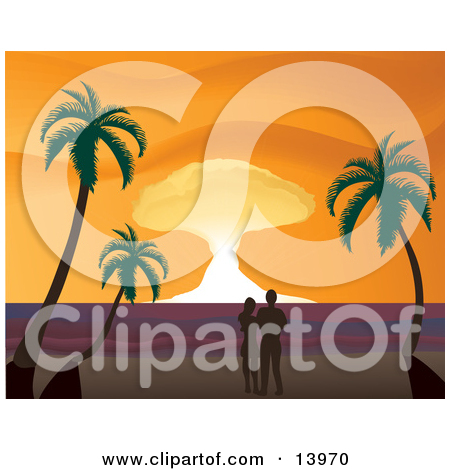 Romantic Couple Watching The Sunset On A Tropical Beach Clipart