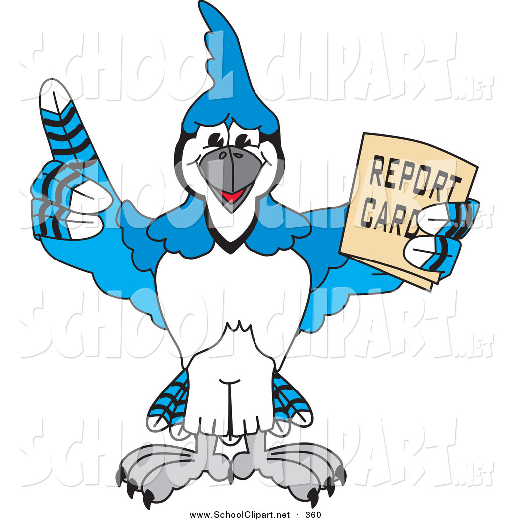 Art Of A Happy Blue Jay Character School Mascot Holding A Report Card