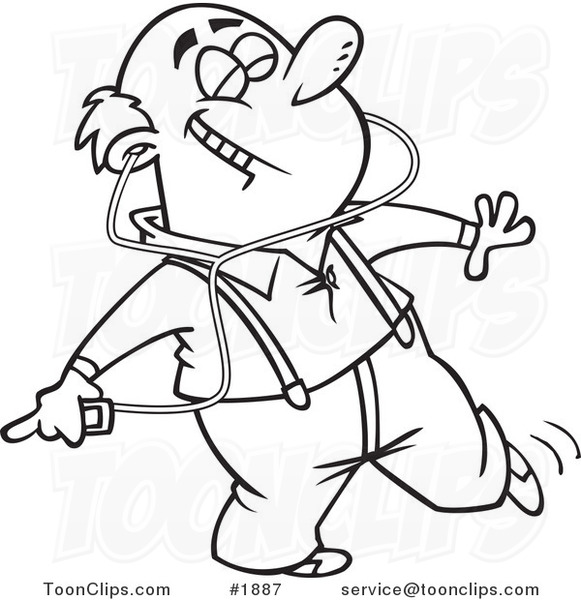 Cartoon Black And White Line Drawing Of A Happy Guy Dancing And