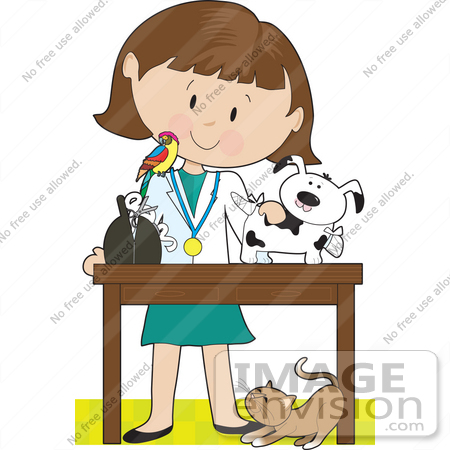 Clip Art Graphic Of A Female Caucasian Veterinarian With A Cat At Her