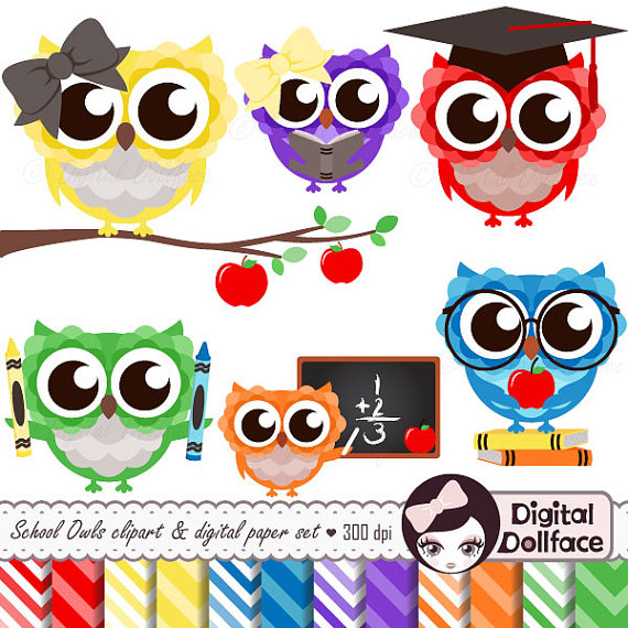 School Clipart Primary Color Digital Paper Back To School Owl Clip    