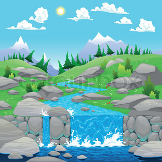 Vector   Mountain Landscape With A Waterfall On The Creek   Vector    
