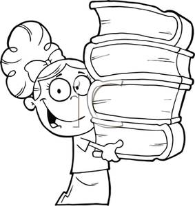 Black And White Cartoon Of A Girl Holding A Stack Of Books   Royalty