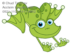 Cartoon Frog With Blue Eyes In Mid Jump Clipart Illustration