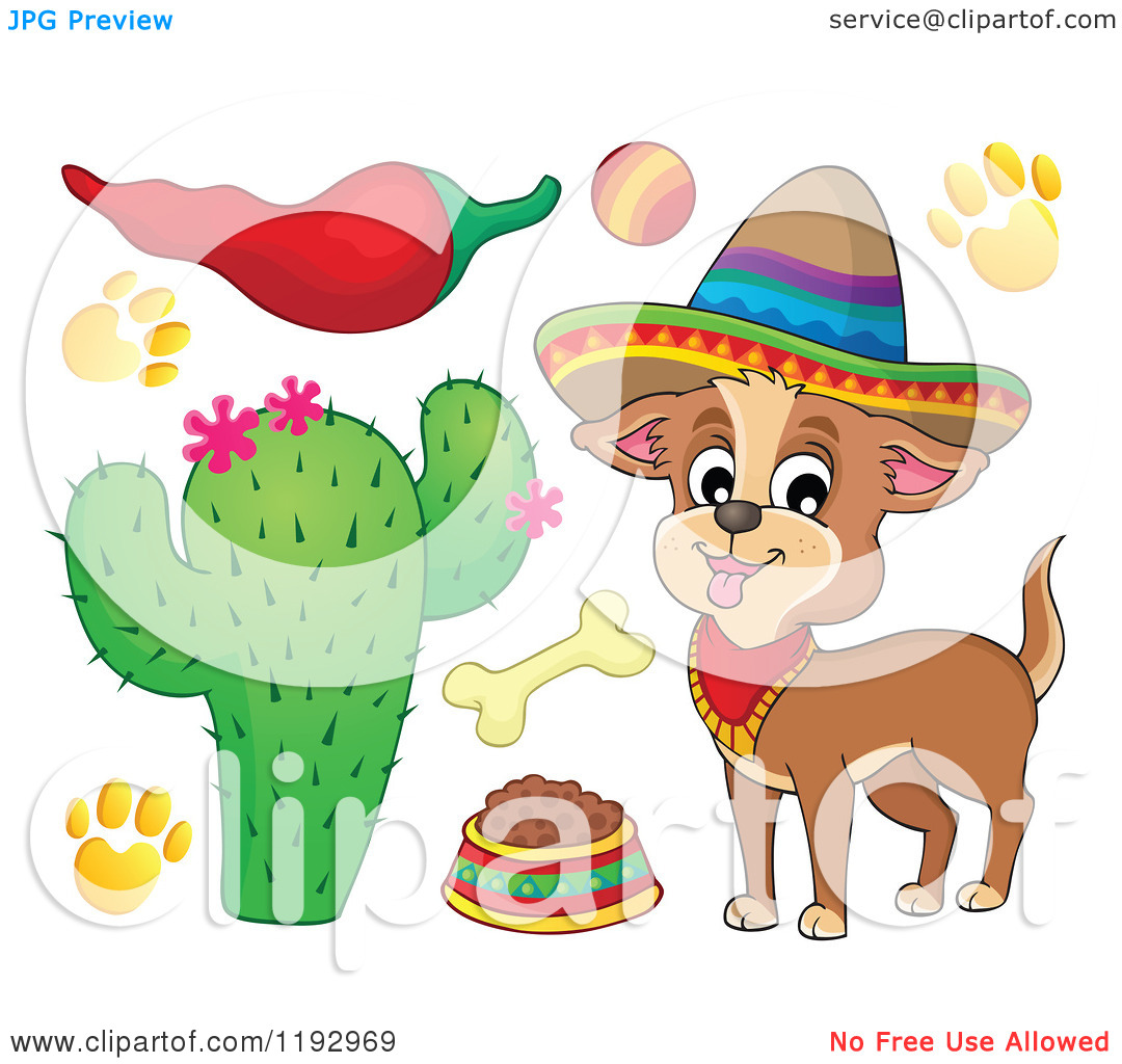 Cartoon Of A Mexican Chihuahua Dog Wearing A Sombrero With Supplies