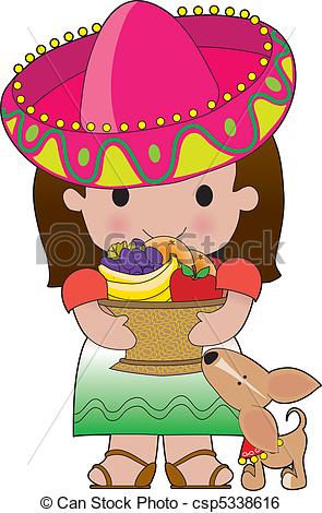 Clip Art Vector Of Mexican Girl And Dog   A Little Mexican Girl Holds