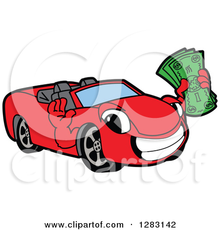 Clipart Of A Happy Red Convertible Car Mascot Character Holding Cash    