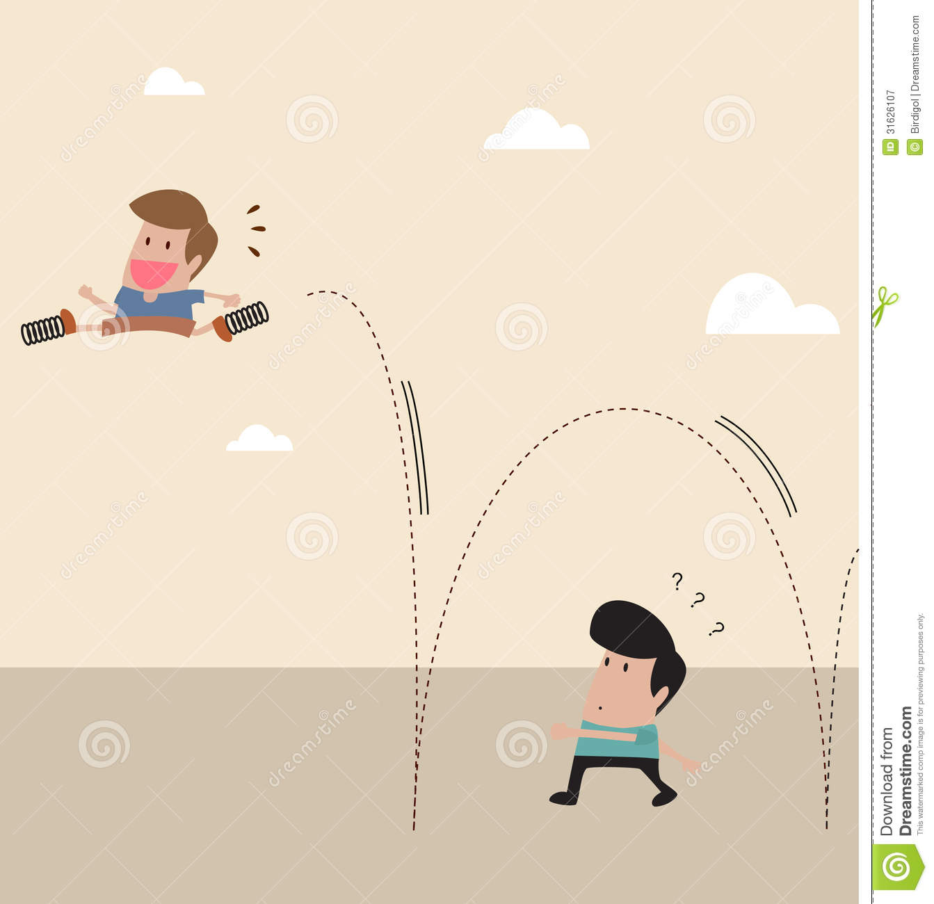 Kid With Spring At Shoe Jump Across Another Man Royalty Free Stock    