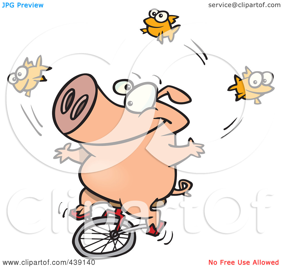 Rf  Clip Art Illustration Of A Cartoon Unicycling Pig Juggling Fish
