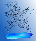 Sketch Boy Under Rain Spring Jump In The Puddles Royalty Free Stock