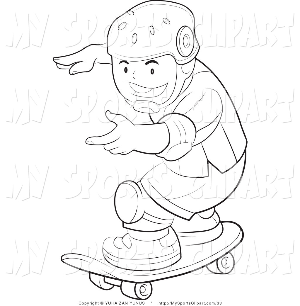 Sports Clip Art Of A Coloring Page Of A Boy Wearing Safety Pads And A