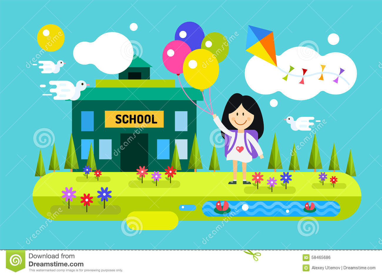 Back To School Background  Cute Vector Cartoon Happy Girl Playing Near